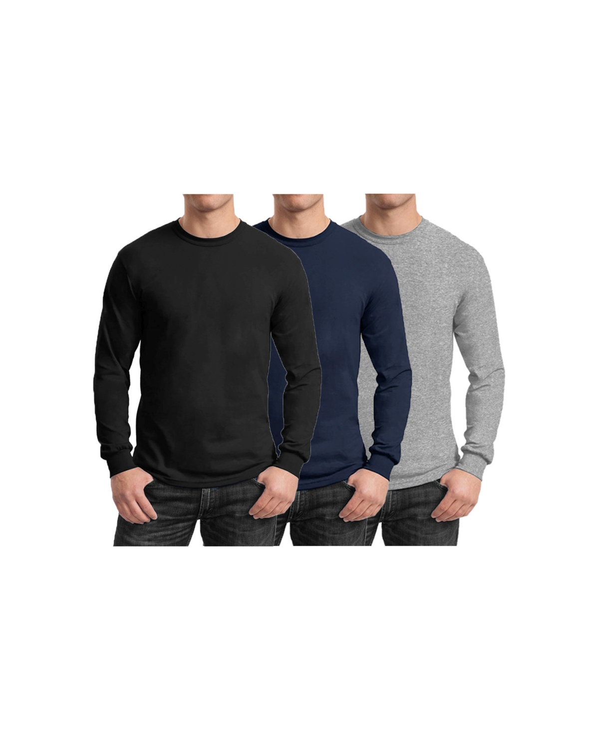 Shop Galaxy By Harvic Men's 3-pack Egyptian Cotton-blend Long Sleeve Crew Neck Tee In Black,navy,heather Gray