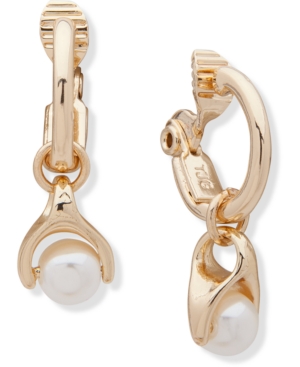 image of Anne Klein Gold-Tone Imitation Pearl Charm Clip-On Hoop Earrings