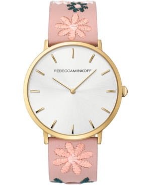 image of Rebecca Minkoff Women-s Major Floral Embroidered Blush Leather Strap Watch 40mm