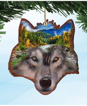 Designocracy Wolf Face Wooden Ornaments Set of 2