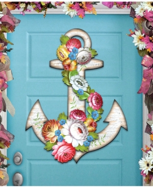 Designocracy Floral Anchor Wood Wooden Ornaments Set of 2