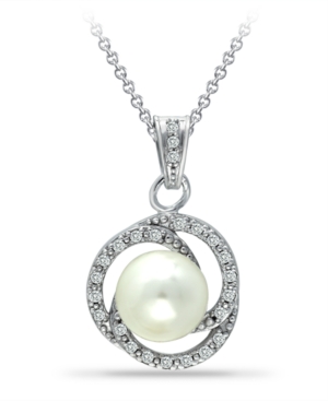 image of Imitation Pearl with Cubic Zirconia Crystal Swirl Halo Pendant in Fine Silver Plate 18