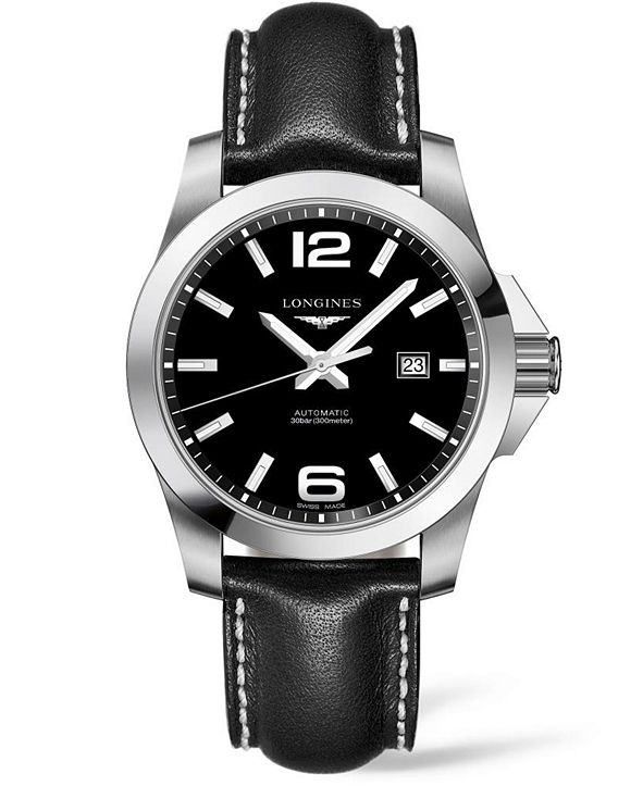 Longines Men's Swiss Automatic HydroConquest Black Leather Strap Watch