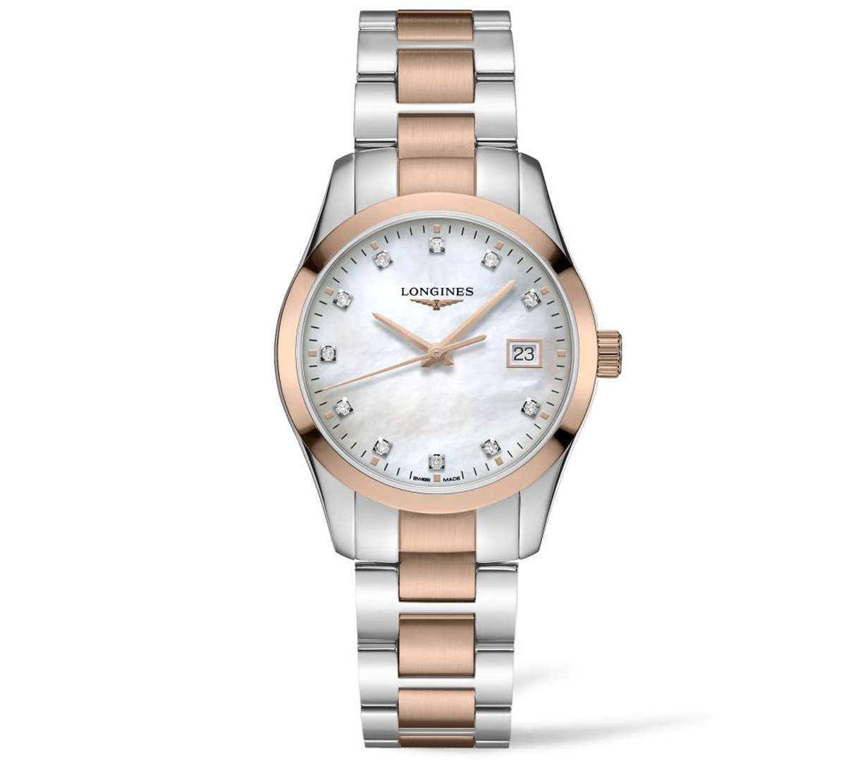 Shop Longines Women's Swiss Conquest Classic Diamond (1/20 Ct. T.w.) Two-tone Stainless Steel Bracelet Watch 34mm In Silver And Rose Gold