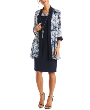 R & M Richards 3-Pc Petite Printed Jacket & Necklace Dress Set