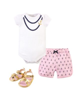 Little Treasure - Baby Girls Cotton Bodysuit, Shorts and Shoe Set