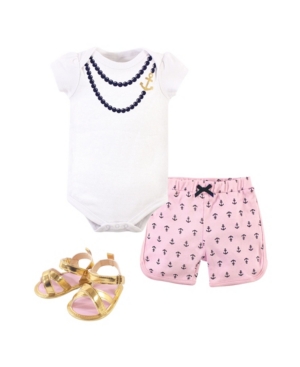 Little Treasure Baby Girls Bodysuit, Shorts And Shoe Set In Anchor Necklace