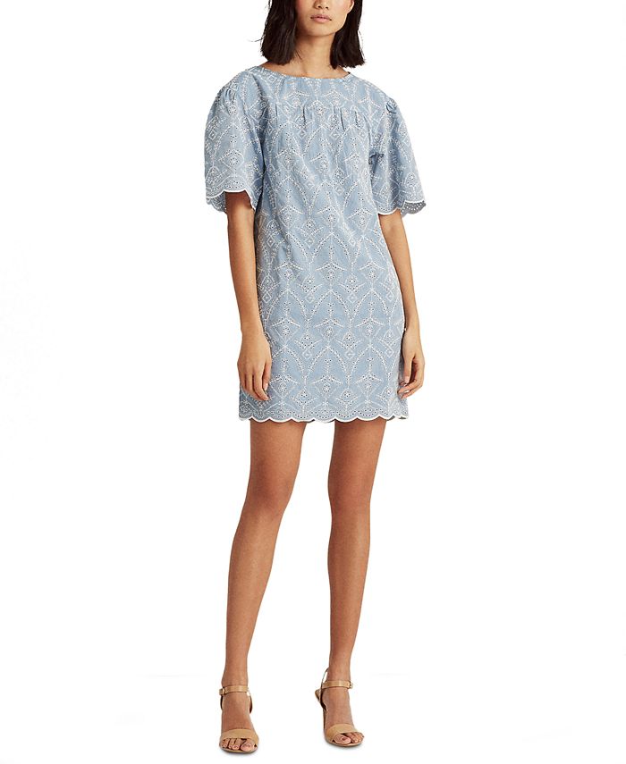 Lauren Ralph Lauren Chambray Eyelet ElbowSleeve Shift Dress Macy's