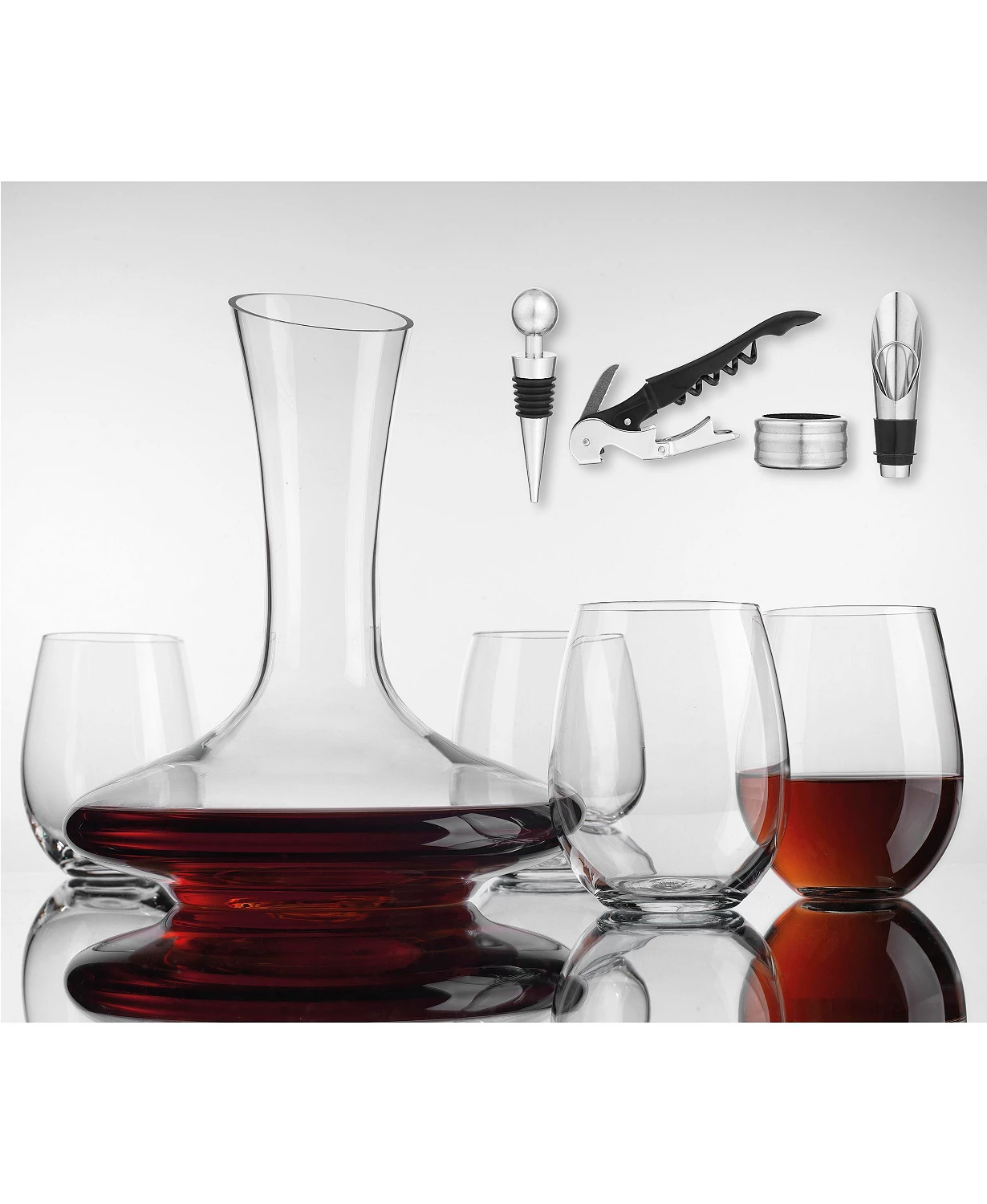 Wine Carafe Set with 4 Stemless Glasses, a Stopper, Pourer, Corkscrew, and Collar $31.99