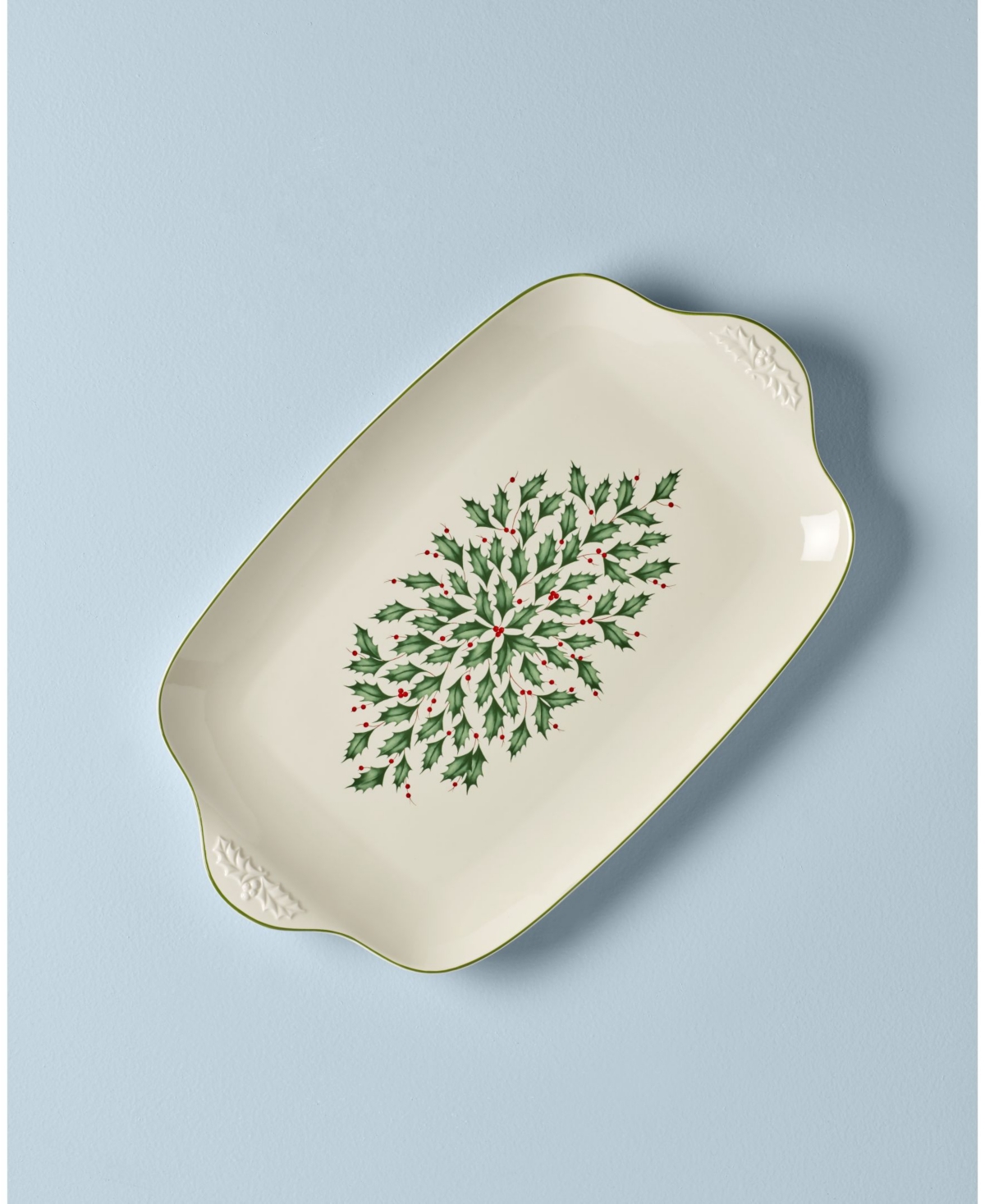 Shop Lenox Holiday 20" Large Serving Platter In Ivory W,green Holly Leaves And Red Berri
