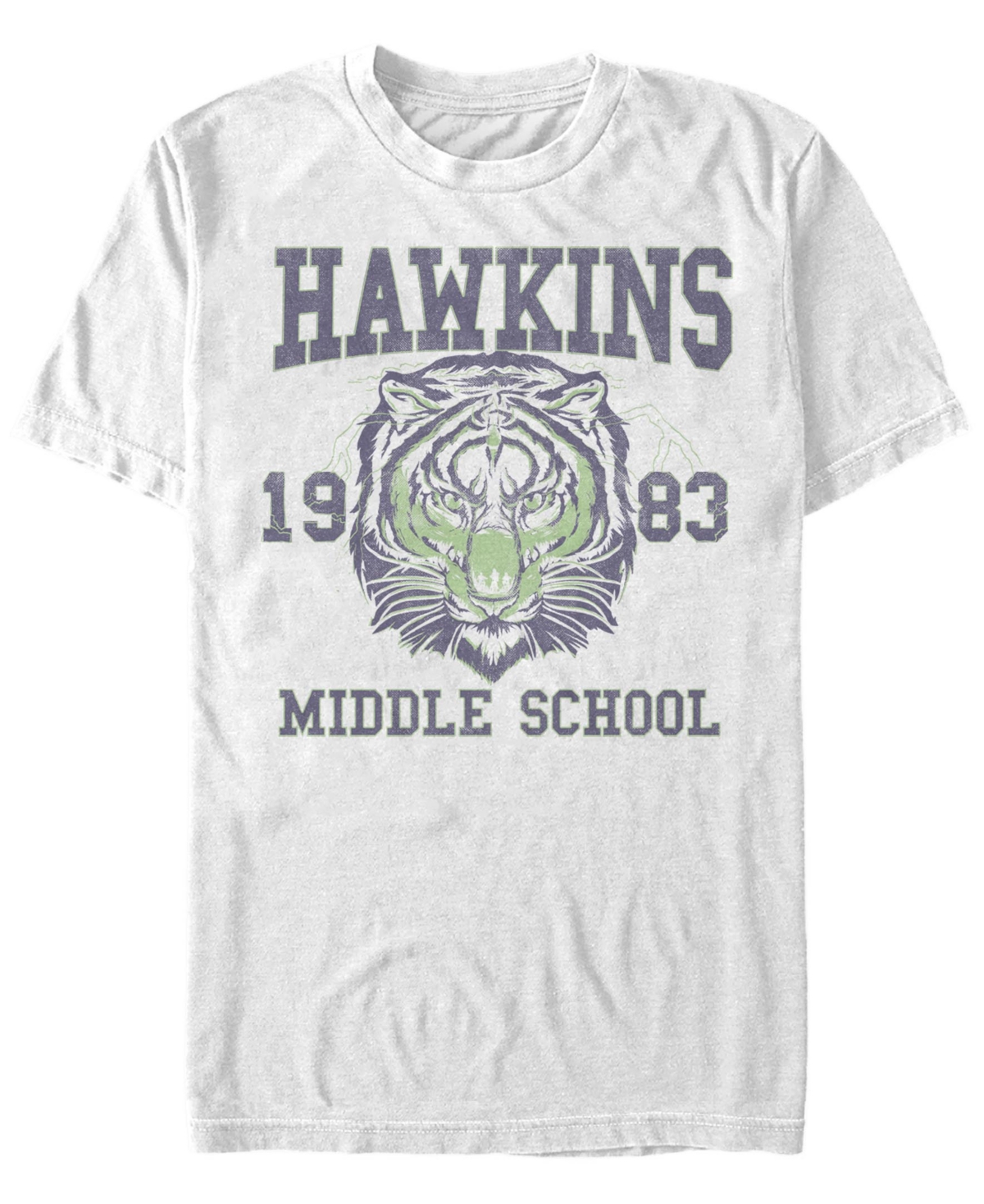 Fifth Sun Stranger Things Men's Hawkins Middle School 1983 Tiger Short Sleeve T-shirt In White