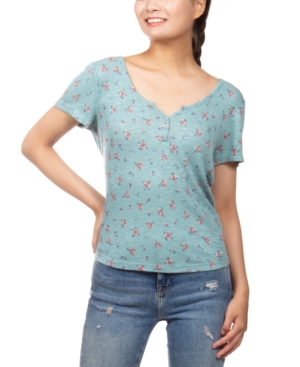 image of Hippie Rose Juniors- Floral-Print Henley-Neck Top