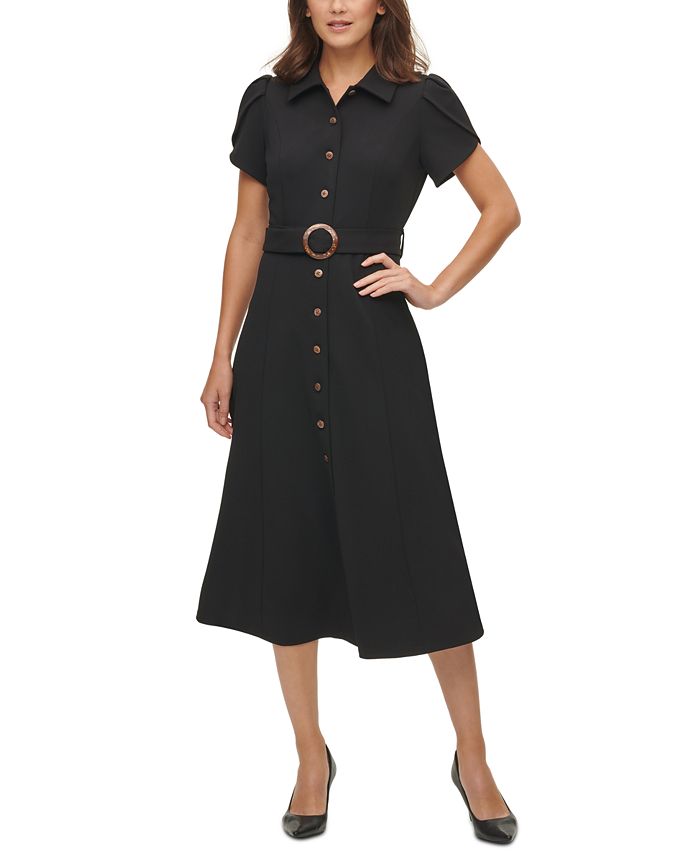 Calvin Klein Puff-Sleeve Belted Midi Dress & Reviews - Dresses - Women -  Macy's