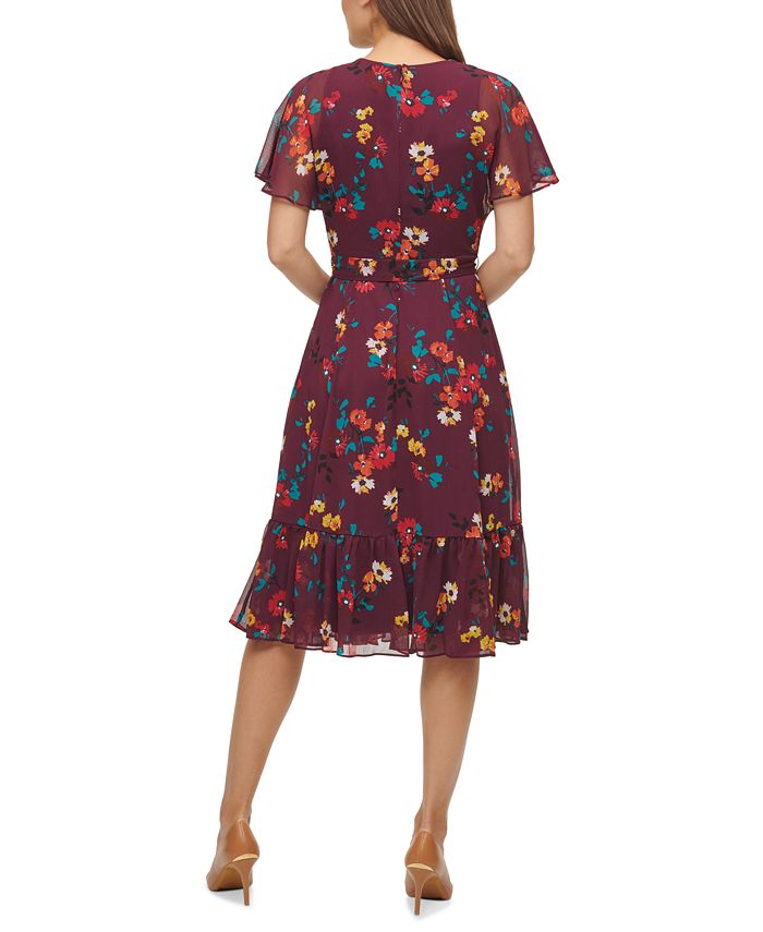 Calvin Klein Floral-Print Chiffon Flutter-Sleeve Dress - Macy's