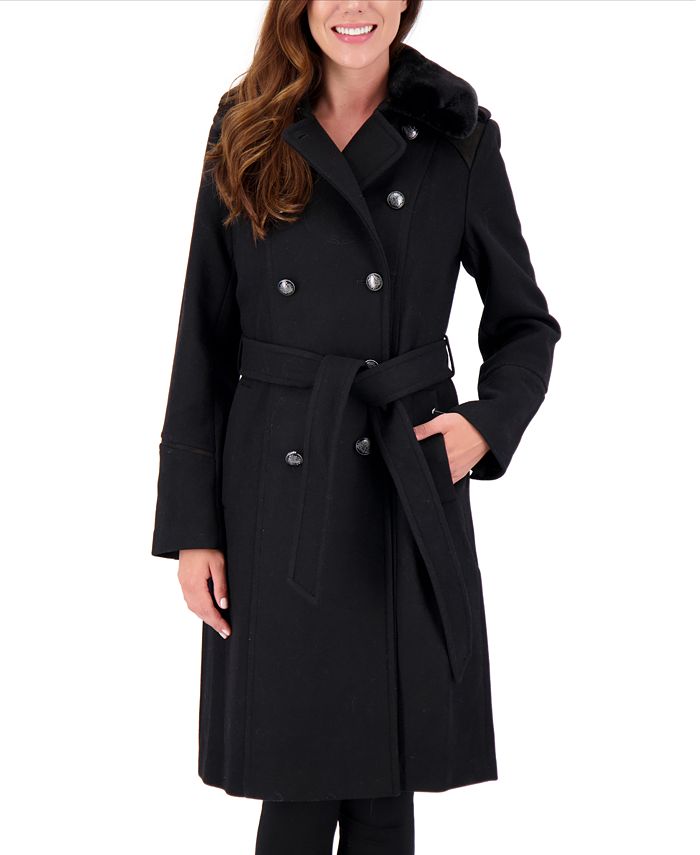 Vince Camuto Petite Double-Breasted Faux-Fur-Collar Coat - Macy's