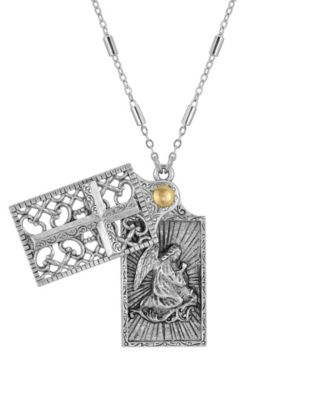 Pewter Square Cross and Angel Slide Locket 28" Necklace