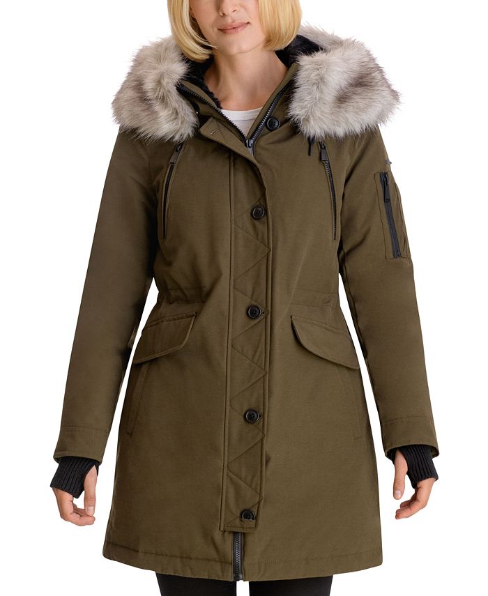 BCBGeneration Faux-Fur-Trim Hooded Water-Resistant Anorak Parka - Macy's
