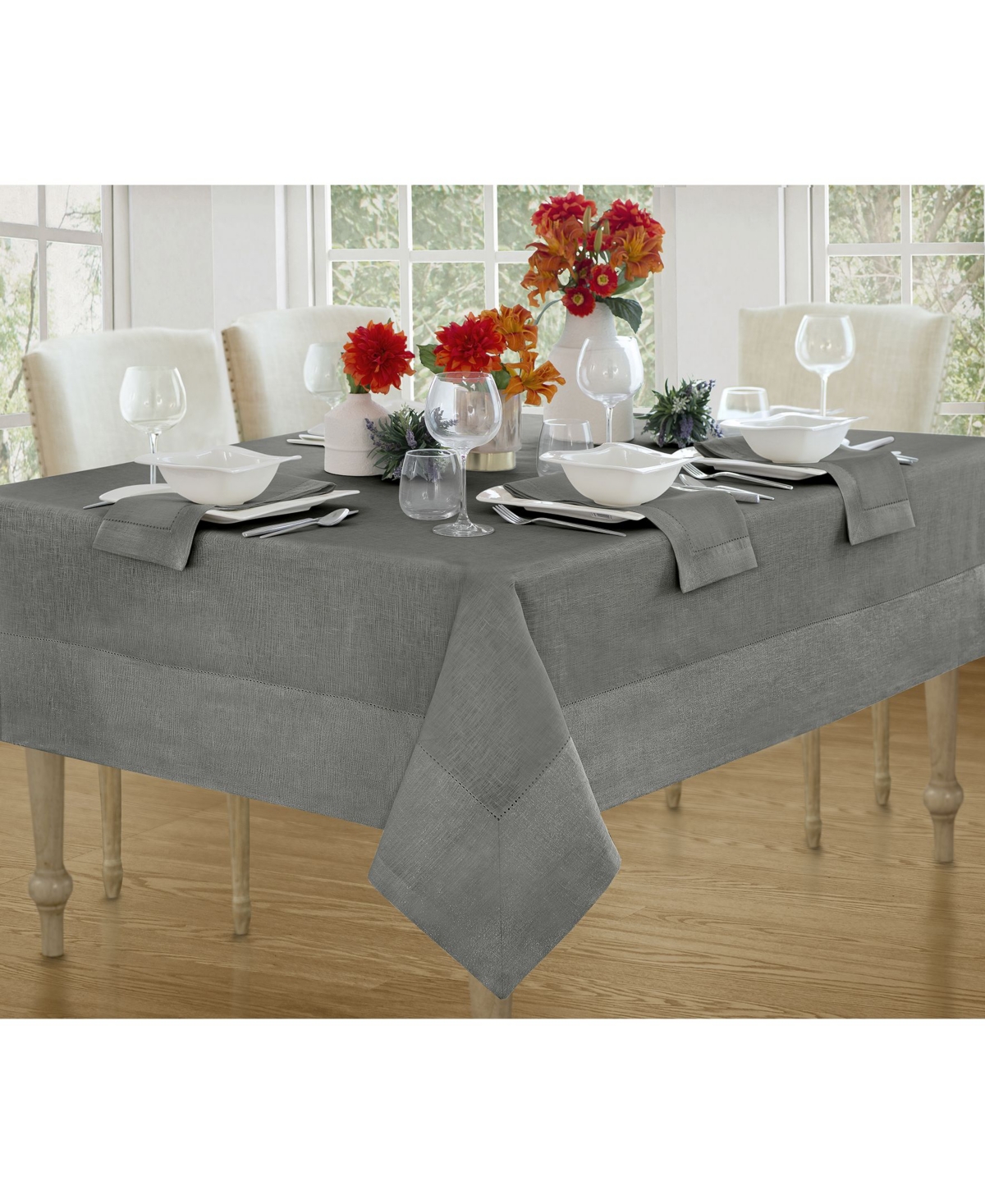 Shop Villeroy & Boch New Wave Metallic Border Linen Tablecloth, 70" Round In Gray,silver