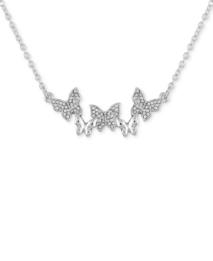image of Guess Silver-Tone Pave Butterfly Pendant Necklace, 16
