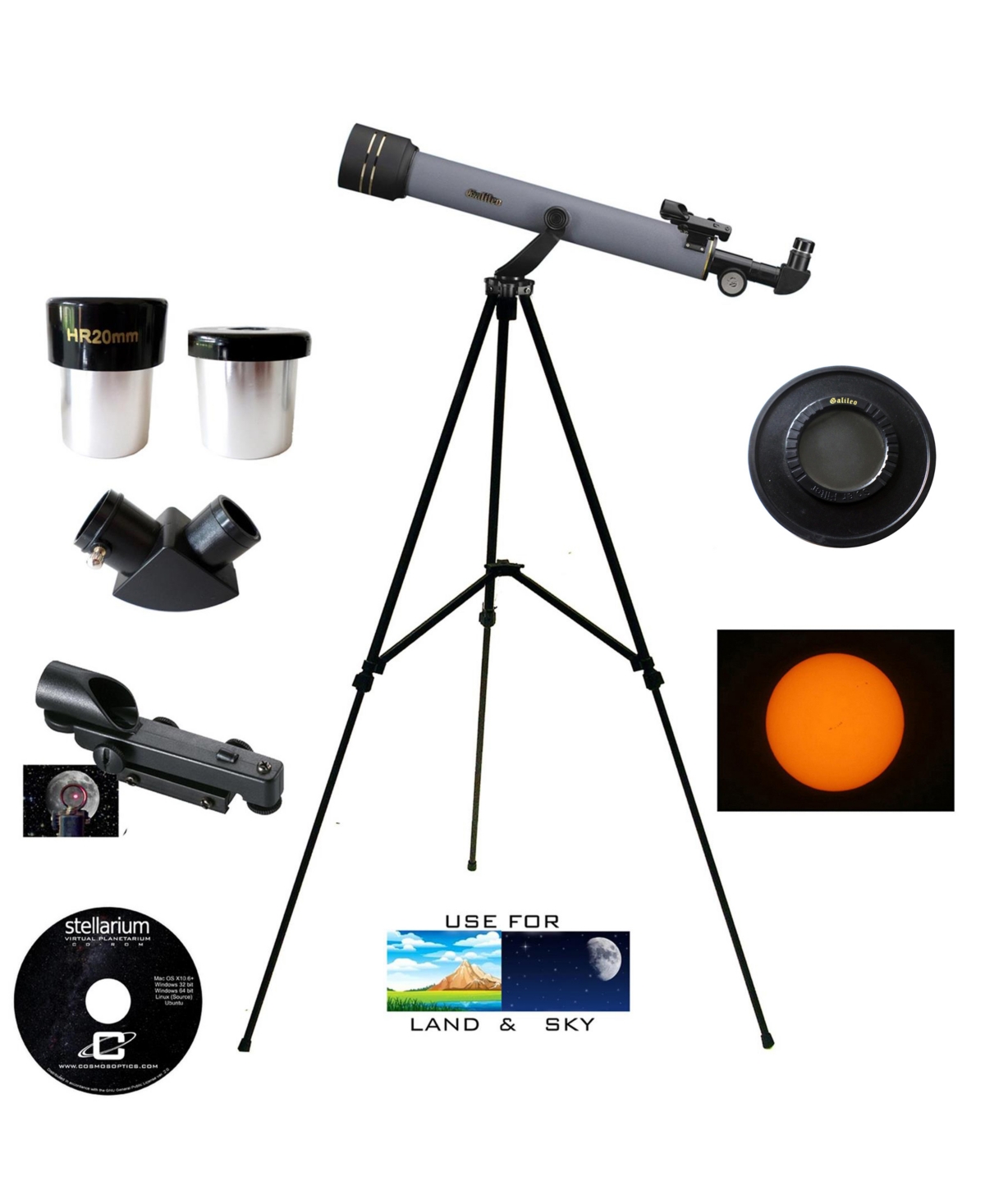 Galileo 600mm X 50mm Day And Night Refractor Telescope Kit With Solar Filter Cap In Gray
