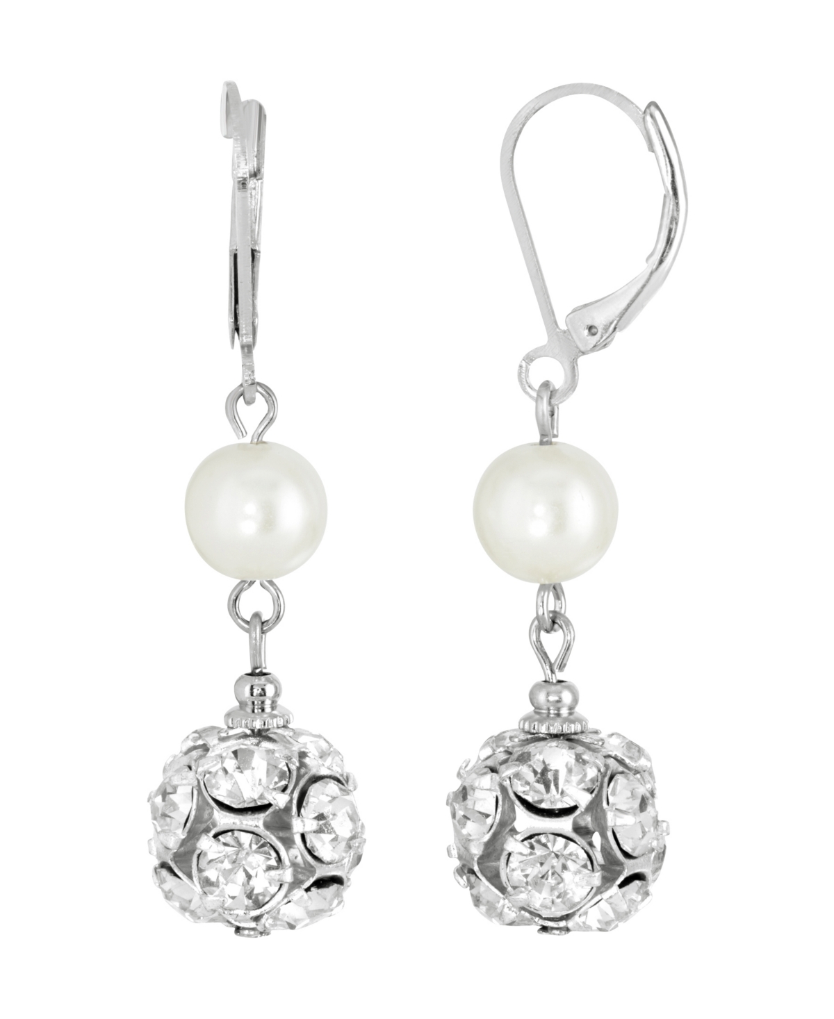 2028 Silver-tone Imitation Pearl Crystal Fireball Drop Earrings In White