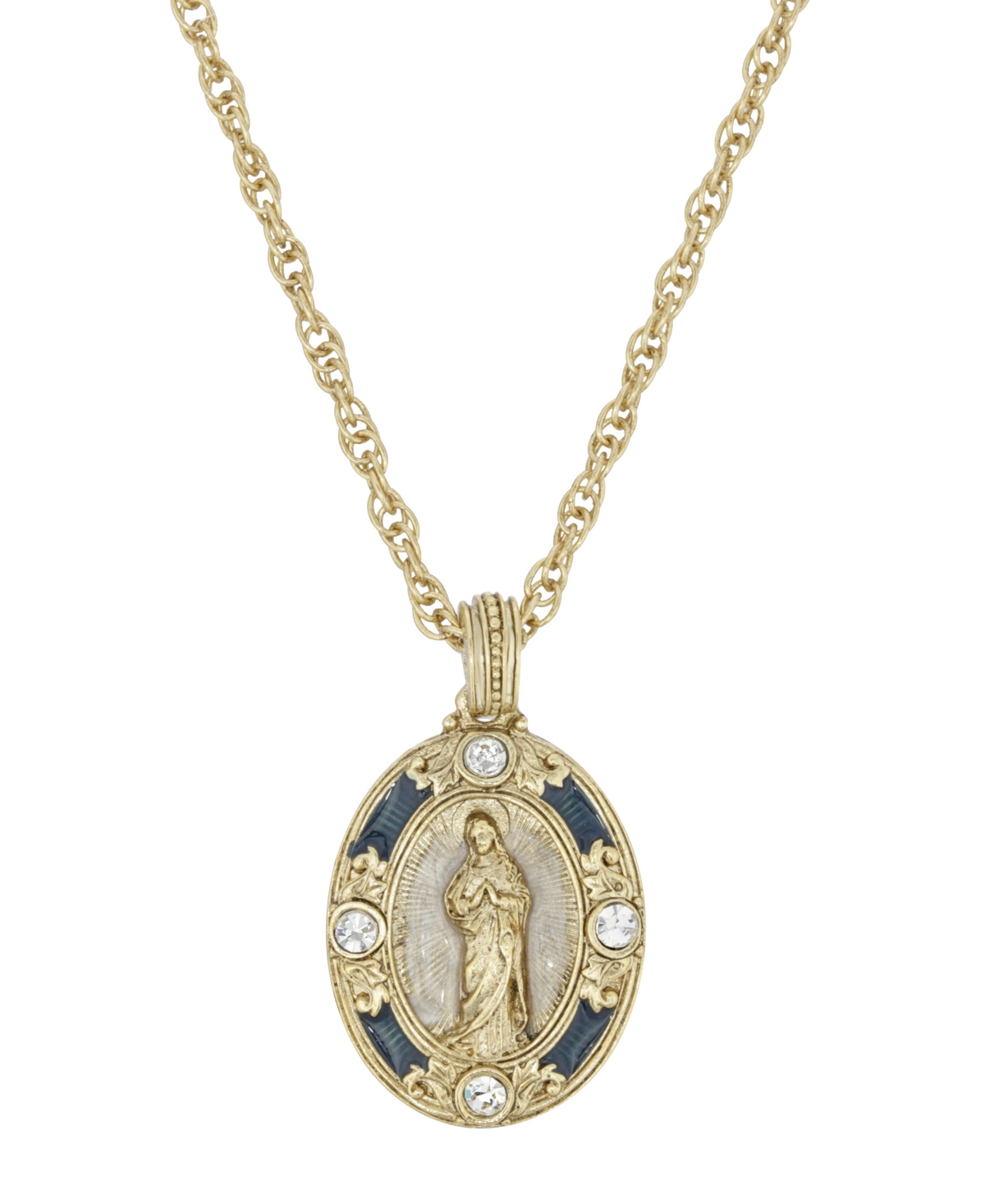 14K Gold-Dipped Crystal Blue Enamel Virgin Mary Pendant 18" Necklace - Blue