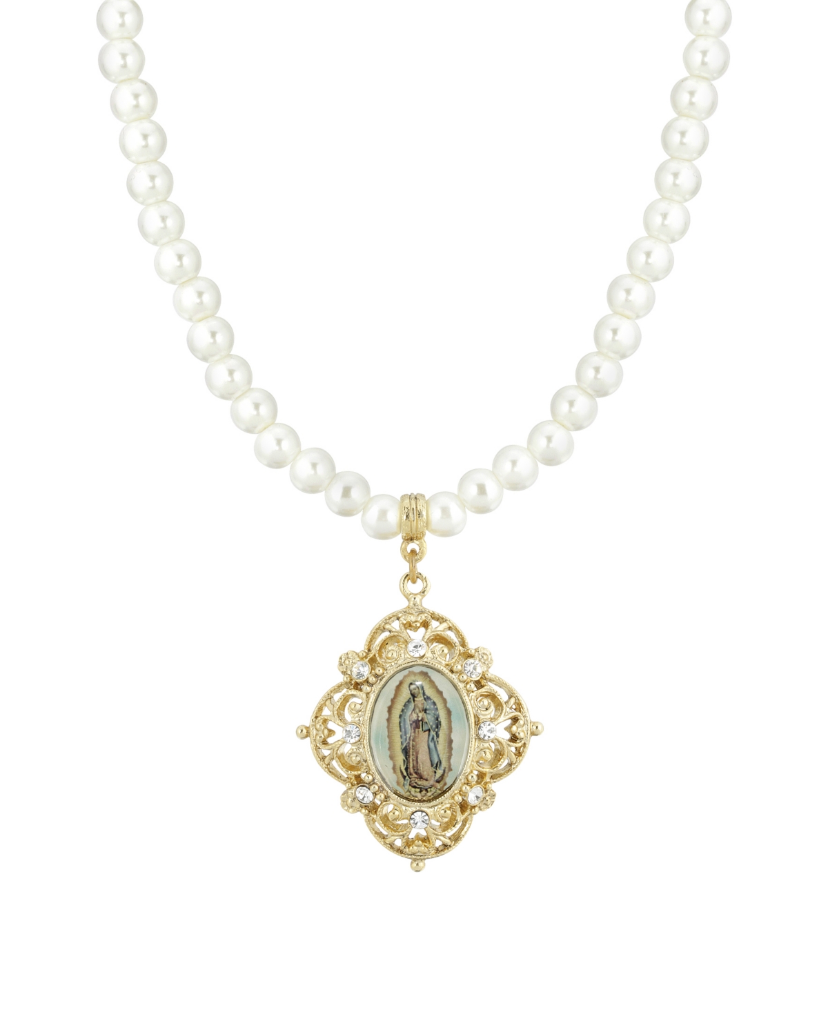 Gold-Tone Imitation Pearl Strandage Mary Decal Pendant 15" Adjustable Necklace - White