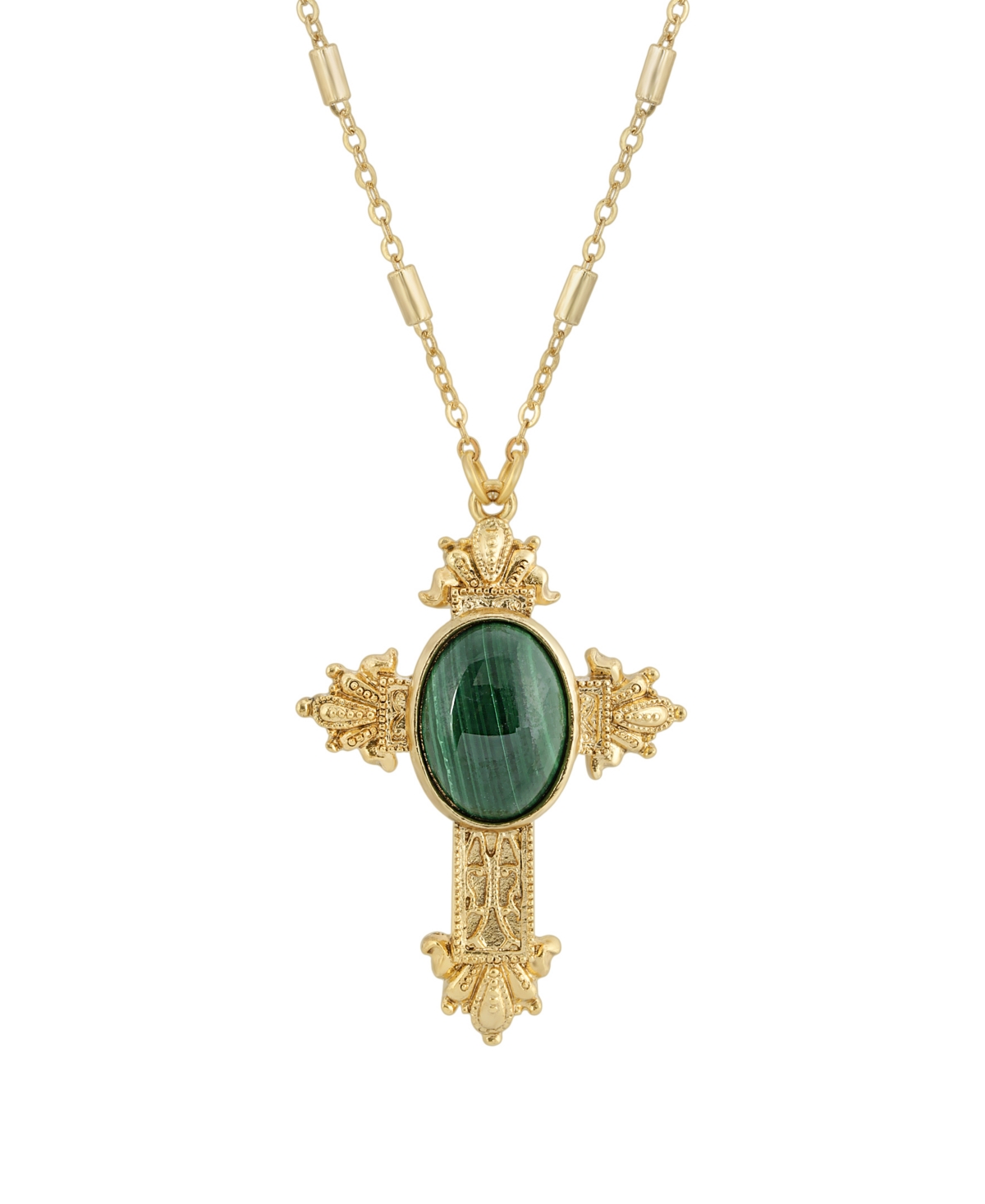14K Gold Dipped Oval Semi Precious Genuine Green Malachite Cross 28" Necklace - Green