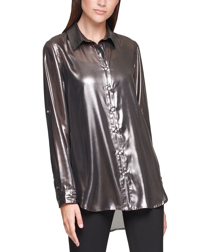 Calvin Klein Metallic Tab-Sleeve Shirt - Macy's