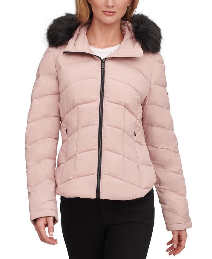 Calvin Klein Faux-Fur-Trim Hooded Stretch Puffer Coat - Macy's