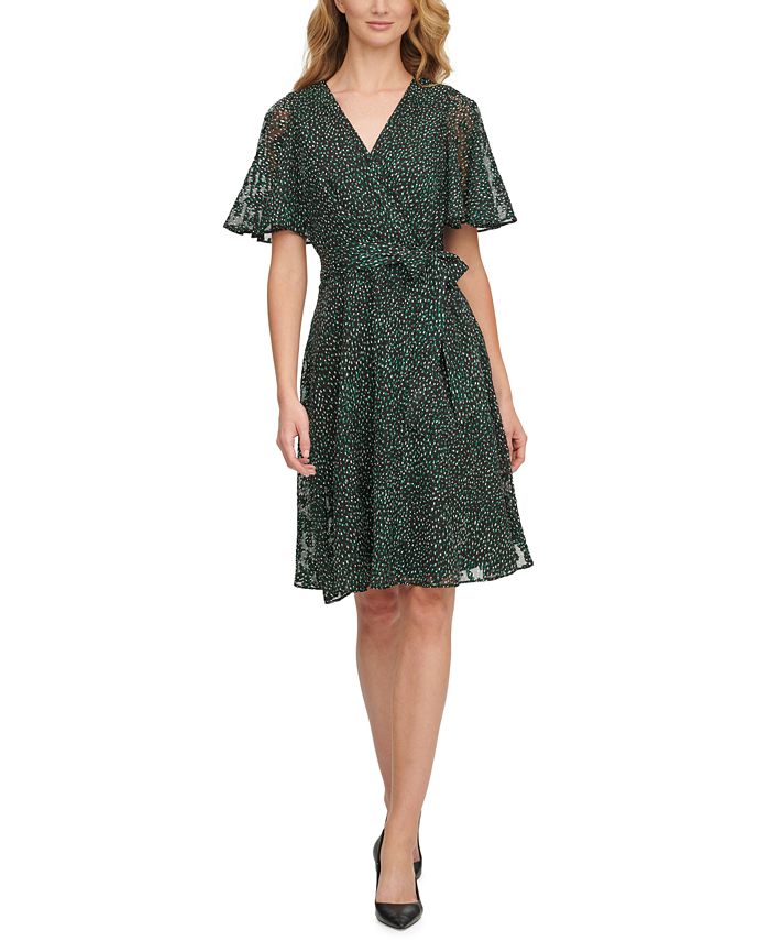 DKNY Printed Flutter-Sleeve Fit & Flare Dress & Reviews - Dresses ...