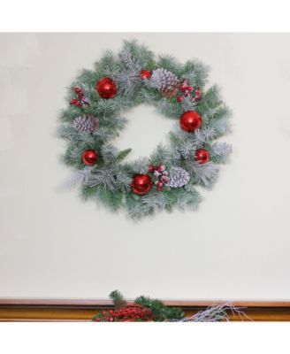 Flocked Pine with Ornaments and Berries Artificial Christmas Wreath-Unlit