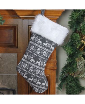 Reindeer and Snowflake Knit Christmas Stocking with Faux Fur Cuff