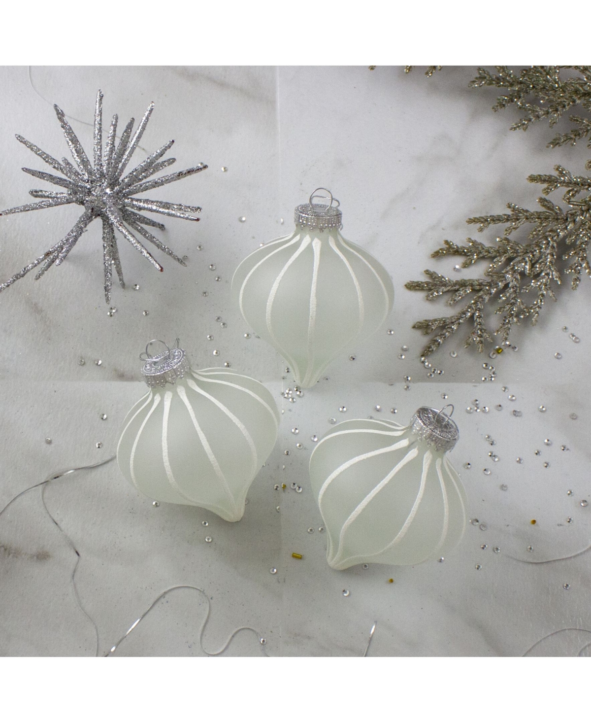 Northlight Countand Matte Frosted Glitter Stripes Glass Christmas Onion Drop Ornaments - Clear