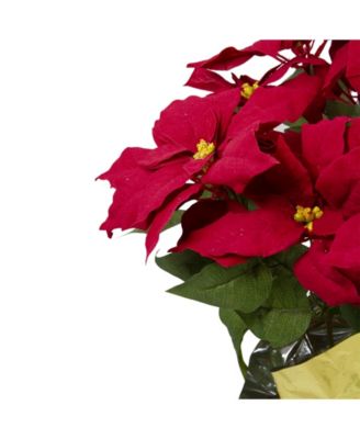 Red Artificial Christmas Poinsettia with Gold Tone Wrapped Pot