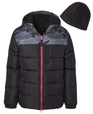 image of Ixtreme Little Boys Solid Contrast Puffer with Fleece Hat