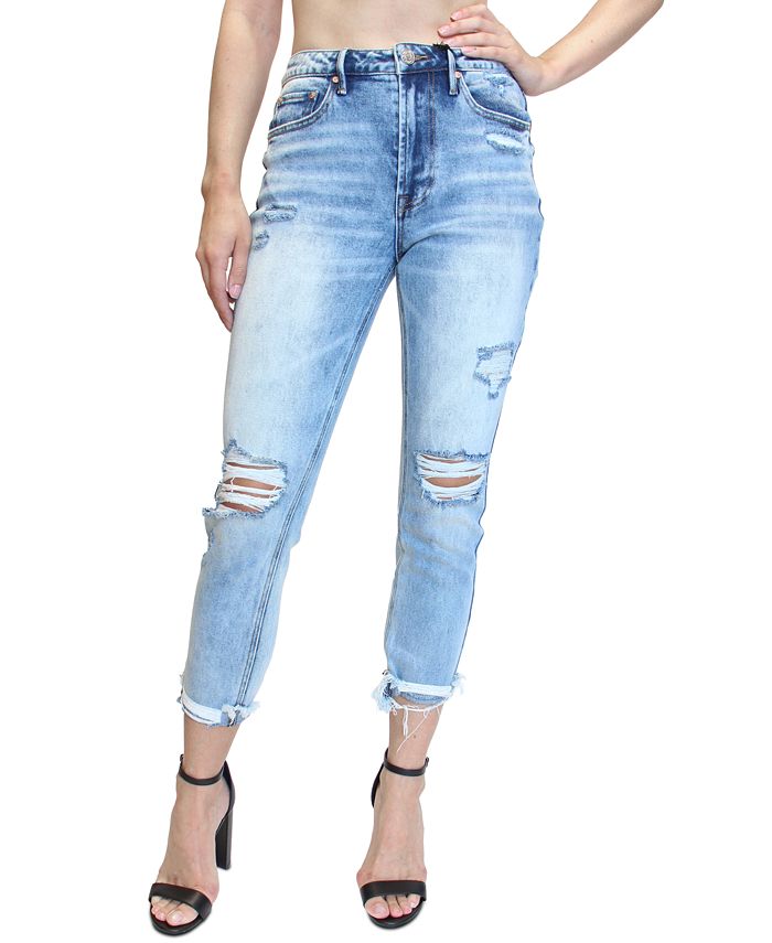 Almost Famous Juniors' Destructed High-Rise Mom Jeans - Macy's