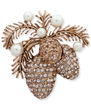 image of Anne Klein Gold-Tone Imitation Pearl & Crystal Pine Cone Pin