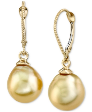 image of Cultured Golden South Sea Pearl (10mm) Drop Earrings in 14k Gold