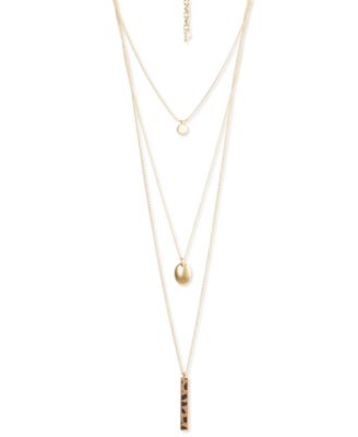 Lucky Brand - Gold-Tone Disc & Leopard-Print Faux-Fur Bar Layered Pendant Necklace, 17" + 2" extender