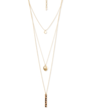 image of Lucky Brand Gold-Tone Disc & Leopard-Print Faux-Fur Bar Layered Pendant Necklace, 17