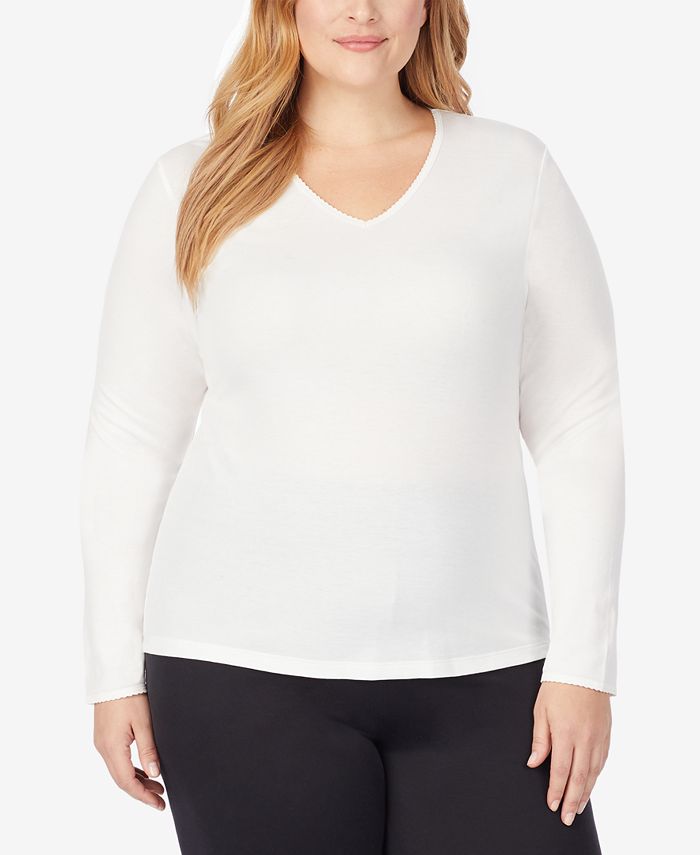 Cuddl Duds Plus Size Softwear Lace-Edge Long-Sleeve V-Neck Top - Macy's