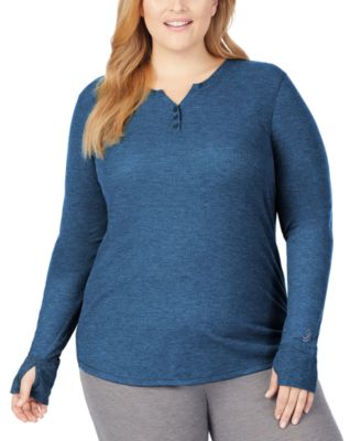 Cuddl Duds - Plus Size Stretch Thermal Long-Sleeve Split V-Neck Henley Top