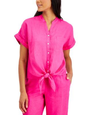 Charter Club - Linen Tie-Front Button-Up Shirt