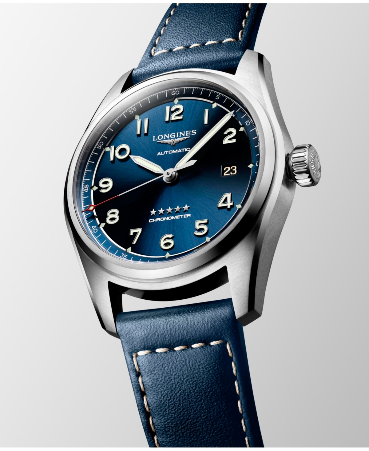Shop Longines Men's Automatic Spirit Stainless Steel Chronometer Blue Leather Strap Watch 40mm