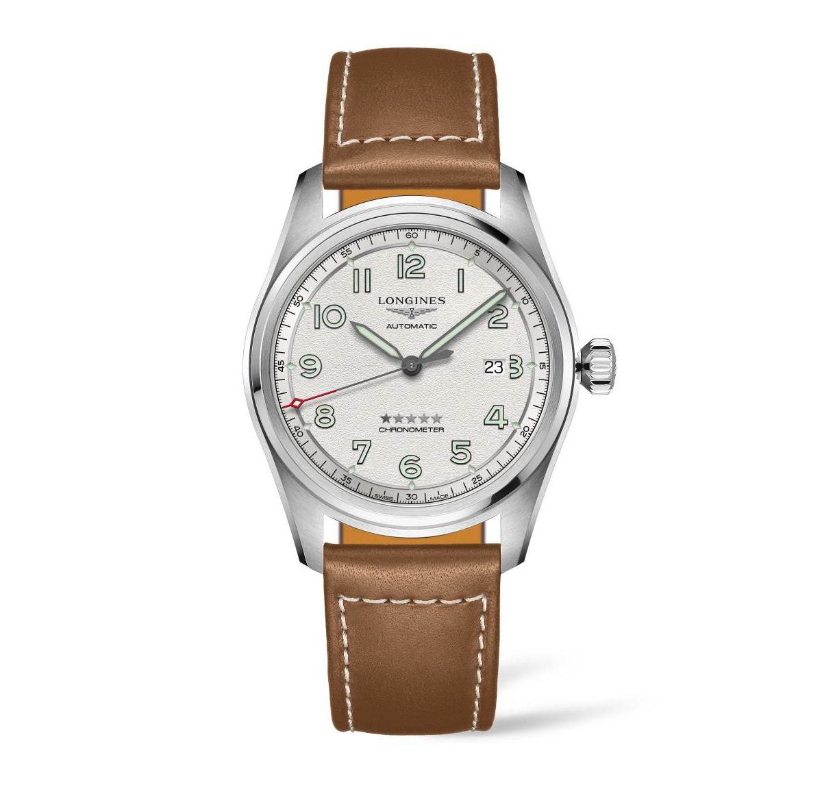Shop Longines Men's Automatic Spirit Stainless Steel Chronometer Brown Leather Strap Watch 42mm