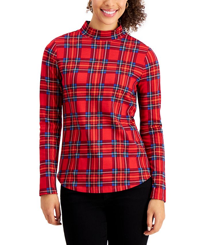 Charter Club Cotton Plaid Mock-Neck Top, Created for Macy's - Macy's