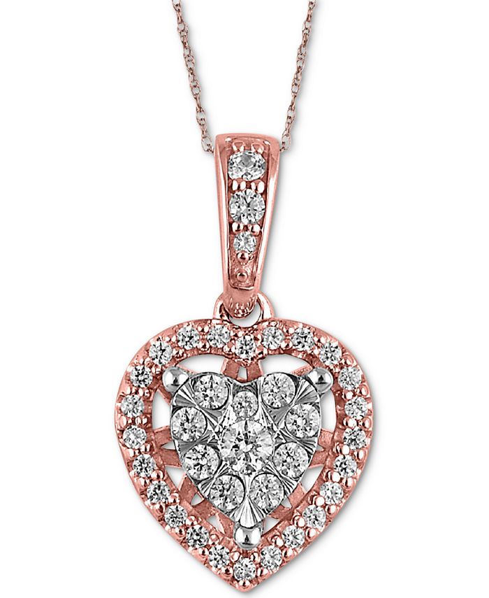 Macy's - Diamond Heart Cluster 18" Pendant Necklace (1/4 ct. t.w.) in 10k Rose Gold & White Gold