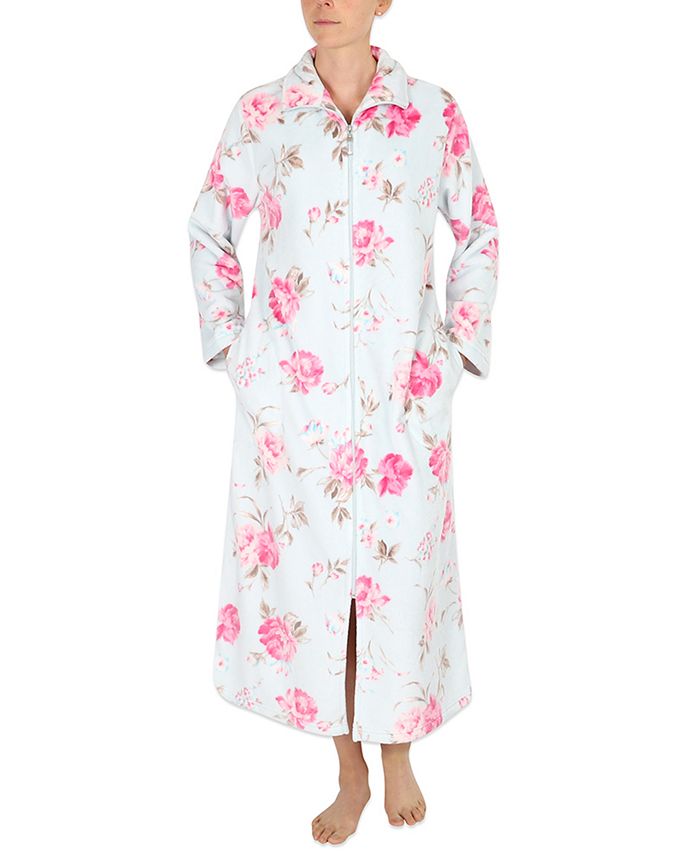 Miss Elaine Floral-Print French Fleece Long Zipper Robe - Macy's