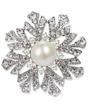 image of Charter Club Silver-Tone Crystal & Imitation Pearl Snowflake Pin, Created for Macy-s